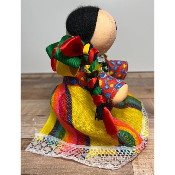 Handmade Traditional Mexican Cloth Doll With Braided Hair & Colorful Ribbon - Picture 2 of 5